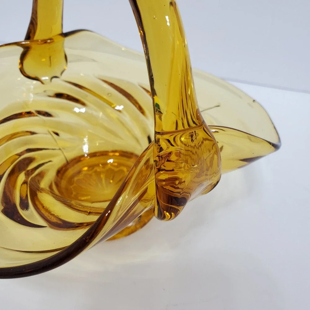 Vintage Amber Glass Swirl Basket Decor Amber Hand Blown Art Glass